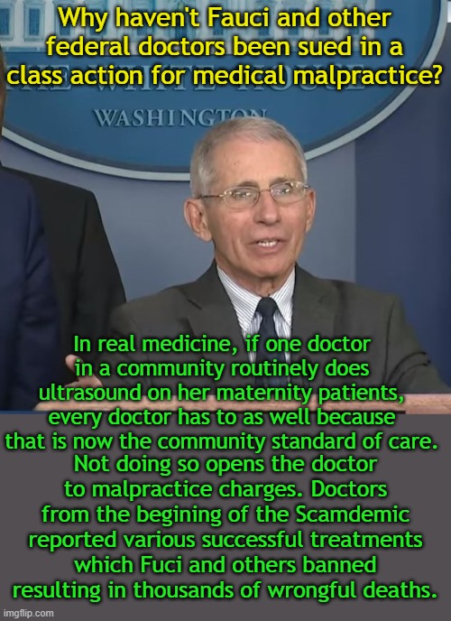 What's good for the goose is good for the scumbag government mass murderers. | Why haven't Fauci and other federal doctors been sued in a class action for medical malpractice? In real medicine, if one doctor in a community routinely does ultrasound on her maternity patients, every doctor has to as well because that is now the community standard of care. Not doing so opens the doctor to malpractice charges. Doctors from the begining of the Scamdemic reported various successful treatments which Fuci and others banned resulting in thousands of wrongful deaths. | image tagged in dr fauci | made w/ Imgflip meme maker
