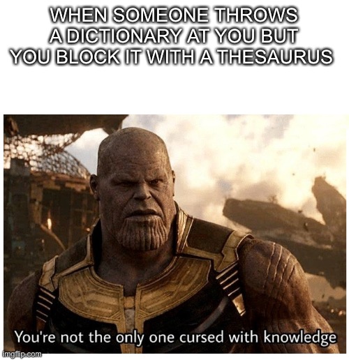 Get it? |  WHEN SOMEONE THROWS A DICTIONARY AT YOU BUT YOU BLOCK IT WITH A THESAURUS | image tagged in thanos cursed with knowledge,not funny,thanos,dictionary,thesaurus | made w/ Imgflip meme maker