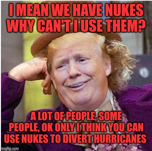 Wonka Trump | I MEAN WE HAVE NUKES WHY CAN'T I USE THEM? A LOT OF PEOPLE, SOME PEOPLE, OK ONLY I THINK YOU CAN USE NUKES TO DIVERT HURRICANES | image tagged in wonka trump | made w/ Imgflip meme maker