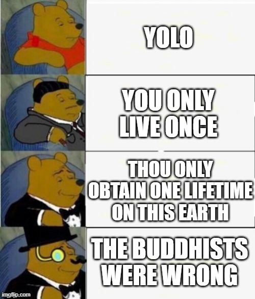 Tuxedo Winnie the Pooh 4 panel | YOLO; YOU ONLY LIVE ONCE; THOU ONLY OBTAIN ONE LIFETIME ON THIS EARTH; THE BUDDHISTS WERE WRONG | image tagged in tuxedo winnie the pooh 4 panel | made w/ Imgflip meme maker