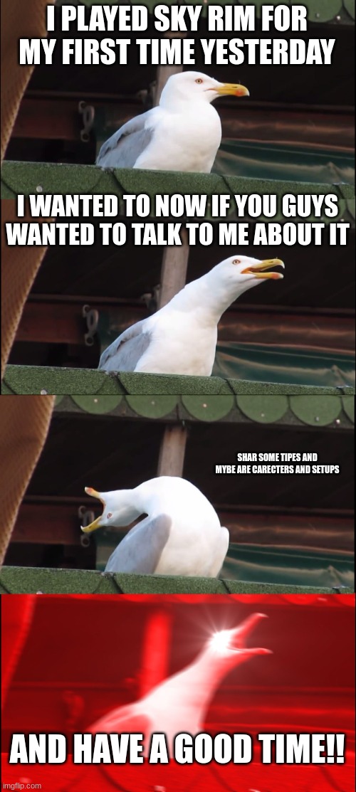 Inhaling Seagull Meme | I PLAYED SKY RIM FOR MY FIRST TIME YESTERDAY; I WANTED TO NOW IF YOU GUYS WANTED TO TALK TO ME ABOUT IT; SHAR SOME TIPES AND MYBE ARE CARECTERS AND SETUPS; AND HAVE A GOOD TIME!! | image tagged in memes,inhaling seagull | made w/ Imgflip meme maker