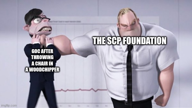 SCP MEME | THE SCP FOUNDATION; GOC AFTER THROWING A CHAIR IN A WOODCHIPPER | image tagged in triggered mr incredible,scp meme,scp | made w/ Imgflip meme maker