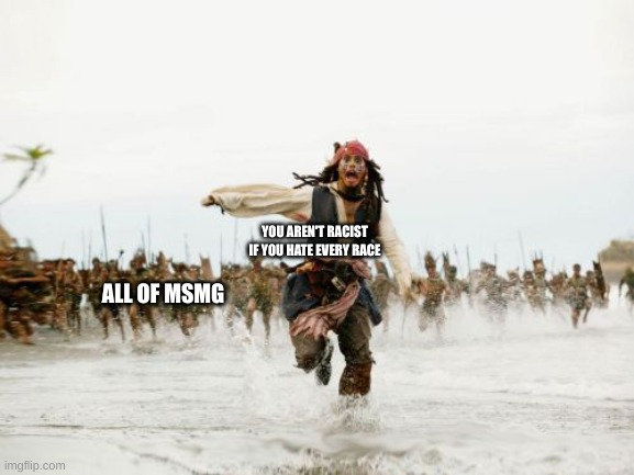 Jack Sparrow Being Chased | YOU AREN'T RACIST IF YOU HATE EVERY RACE; ALL OF MSMG | image tagged in memes,jack sparrow being chased | made w/ Imgflip meme maker