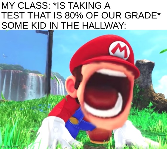 stupid 3rd graders >:0 |  MY CLASS: *IS TAKING A TEST THAT IS 80% OF OUR GRADE*
SOME KID IN THE HALLWAY: | image tagged in mario screaming,school,memes,funni | made w/ Imgflip meme maker