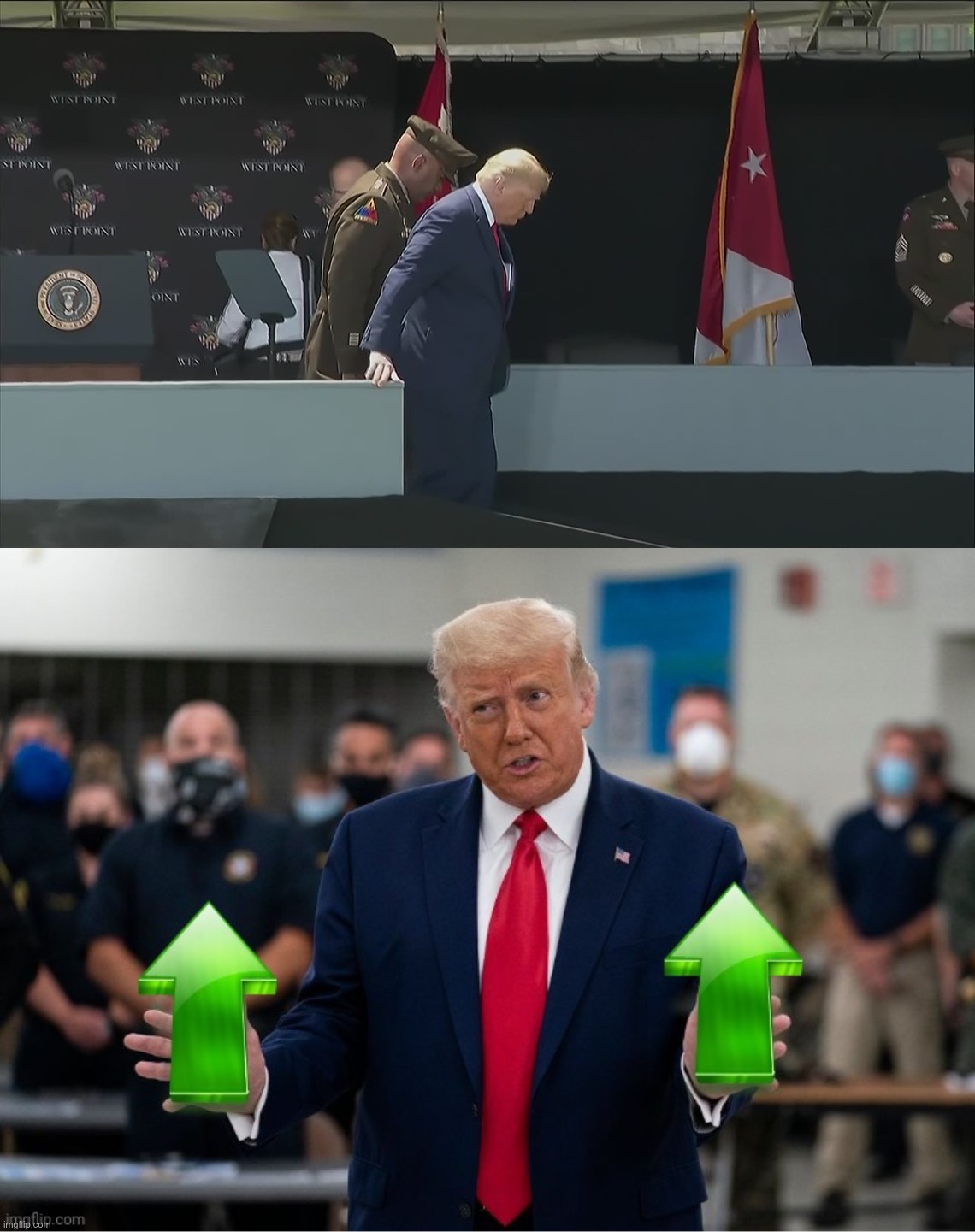 image tagged in trump ramp west point old sick bent,trump upvote | made w/ Imgflip meme maker