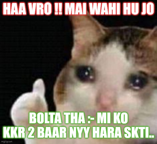 Approved crying cat | HAA VRO !! MAI WAHI HU JO; BOLTA THA :- MI KO KKR 2 BAAR NYY HARA SKTI.. | image tagged in approved crying cat | made w/ Imgflip meme maker