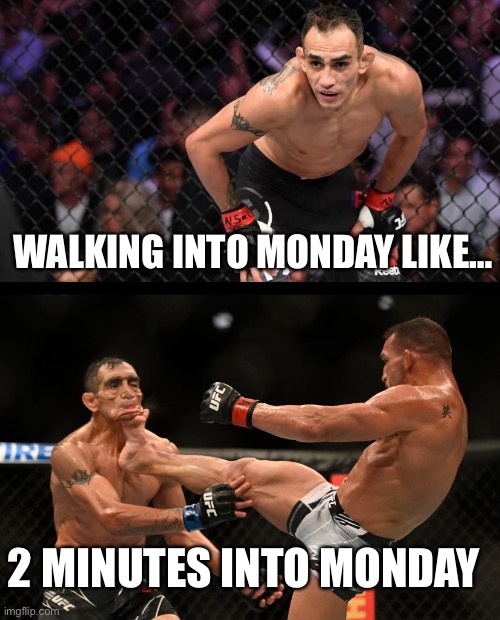 Kicked in the face by Monday. | WALKING INTO MONDAY LIKE…; 2 MINUTES INTO MONDAY | image tagged in monday,mondays,monday mornings,ufc,kick | made w/ Imgflip meme maker