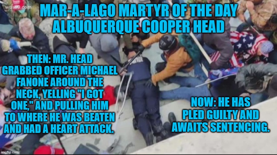 Officer Fanone was disabled by the attack. | MAR-A-LAGO MARTYR OF THE DAY
ALBUQUERQUE COOPER HEAD; THEN: MR. HEAD GRABBED OFFICER MICHAEL FANONE AROUND THE NECK, YELLING "I GOT ONE," AND PULLING HIM TO WHERE HE WAS BEATEN AND HAD A HEART ATTACK. NOW: HE HAS PLED GUILTY AND AWAITS SENTENCING. | image tagged in politics | made w/ Imgflip meme maker