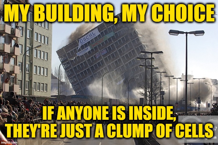 MY BUILDING, MY CHOICE IF ANYONE IS INSIDE, THEY'RE JUST A CLUMP OF CELLS | made w/ Imgflip meme maker