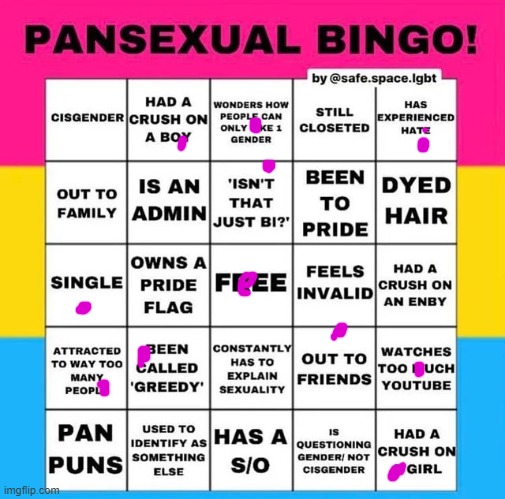 im pan and bi but mostly identify as bi | image tagged in pansexual bingo | made w/ Imgflip meme maker