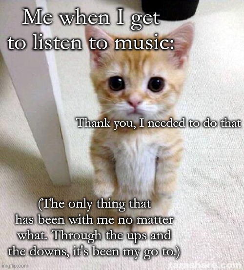 Music Meme |  Me when I get to listen to music:; Thank you, I needed to do that; (The only thing that has been with me no matter what. Through the ups and the downs, it's been my go to.) | image tagged in memes,cute cat | made w/ Imgflip meme maker