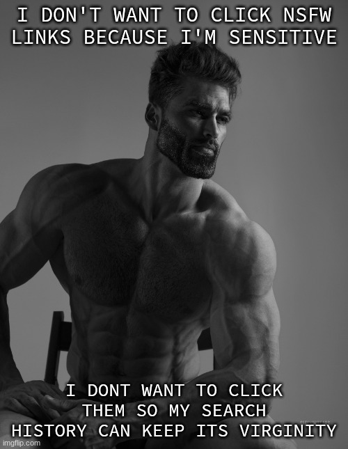 ok sometimes i view imgflip with sensitive people but im not one of them | I DON'T WANT TO CLICK NSFW LINKS BECAUSE I'M SENSITIVE; I DONT WANT TO CLICK THEM SO MY SEARCH HISTORY CAN KEEP ITS VIRGINITY | image tagged in giga chad | made w/ Imgflip meme maker