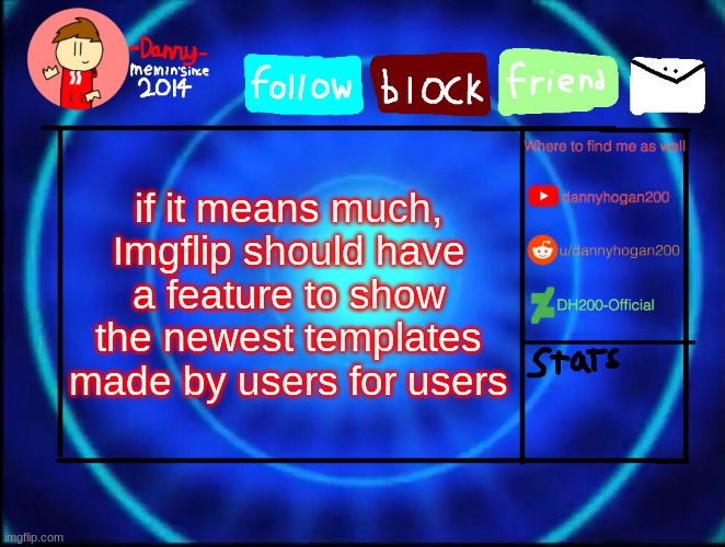 -Danny- announcement temp | if it means much, Imgflip should have a feature to show the newest templates made by users for users | image tagged in -danny- announcement temp | made w/ Imgflip meme maker