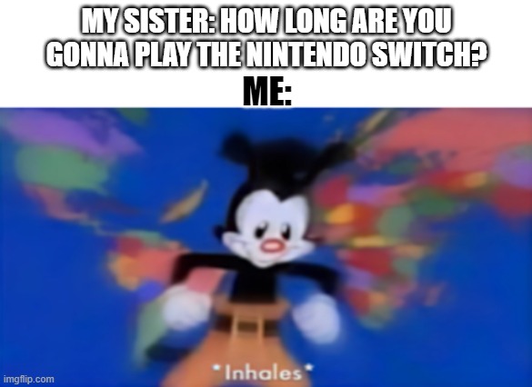 Must.... play | MY SISTER: HOW LONG ARE YOU GONNA PLAY THE NINTENDO SWITCH? ME: | image tagged in yakko inhale | made w/ Imgflip meme maker