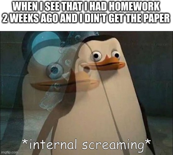 deeez nuts | WHEN I SEE THAT I HAD HOMEWORK 2 WEEKS AGO AND I DIN'T GET THE PAPER | image tagged in private internal screaming | made w/ Imgflip meme maker