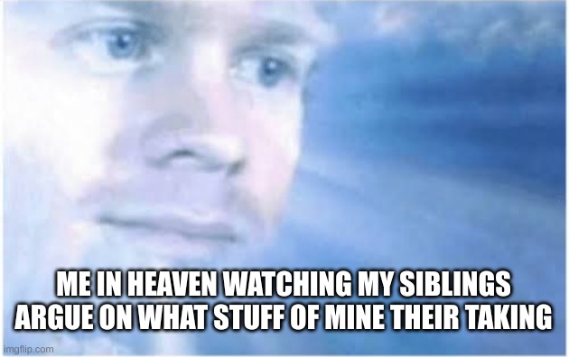 Having siblings be like | ME IN HEAVEN WATCHING MY SIBLINGS ARGUE ON WHAT STUFF OF MINE THEIR TAKING | image tagged in in heaven looking down,siblings | made w/ Imgflip meme maker