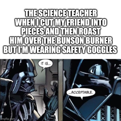 THE SCIENCE TEACHER WHEN I CUT MY FRIEND INTO PIECES AND THEN ROAST HIM OVER THE BUNSON BURNER BUT I'M WEARING SAFETY GOGGLES | image tagged in school | made w/ Imgflip meme maker