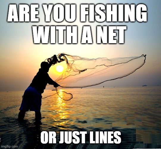 marketing with a broad net | ARE YOU FISHING 
WITH A NET; OR JUST LINES | image tagged in cast net,marketing,sales | made w/ Imgflip meme maker