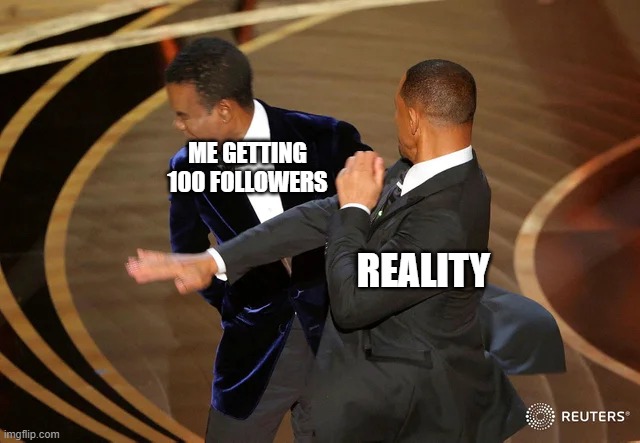 True. Also the tag says punching not slapping | ME GETTING 100 FOLLOWERS; REALITY | image tagged in will smith punching chris rock | made w/ Imgflip meme maker