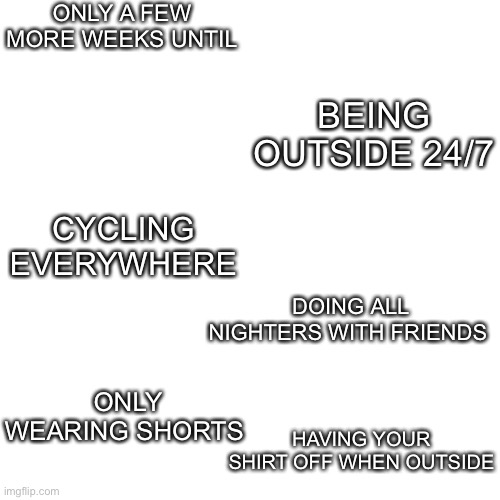 Can’t wait |  ONLY A FEW MORE WEEKS UNTIL; BEING OUTSIDE 24/7; CYCLING EVERYWHERE; DOING ALL NIGHTERS WITH FRIENDS; ONLY WEARING SHORTS; HAVING YOUR SHIRT OFF WHEN OUTSIDE | image tagged in memes,blank transparent square,summer,holidays | made w/ Imgflip meme maker