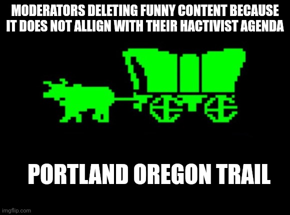 Oregon trail | MODERATORS DELETING FUNNY CONTENT BECAUSE IT DOES NOT ALLIGN WITH THEIR HACTIVIST AGENDA; PORTLAND OREGON TRAIL | image tagged in oregon trail | made w/ Imgflip meme maker