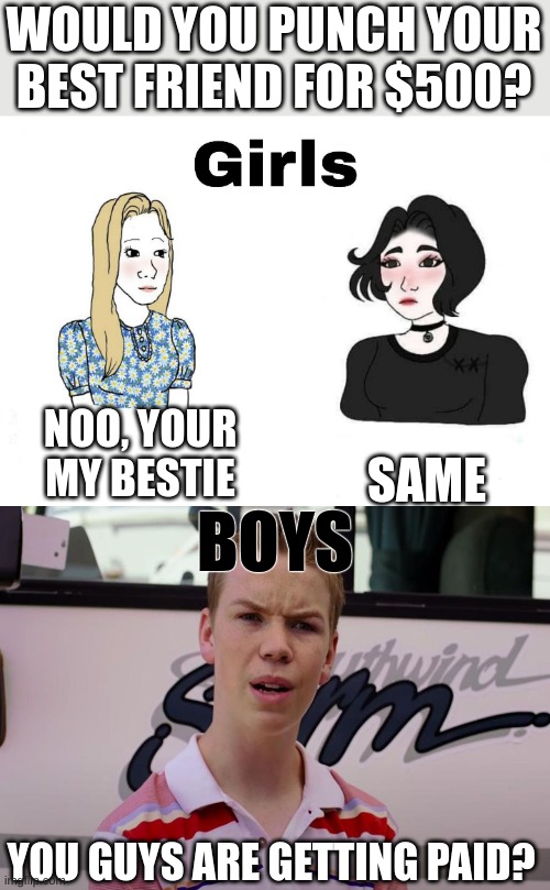 Would You Punch Your Friend? | WOULD YOU PUNCH YOUR BEST FRIEND FOR $500? NOO, YOUR MY BESTIE; SAME; BOYS; YOU GUYS ARE GETTING PAID? | image tagged in girls vs boys | made w/ Imgflip meme maker