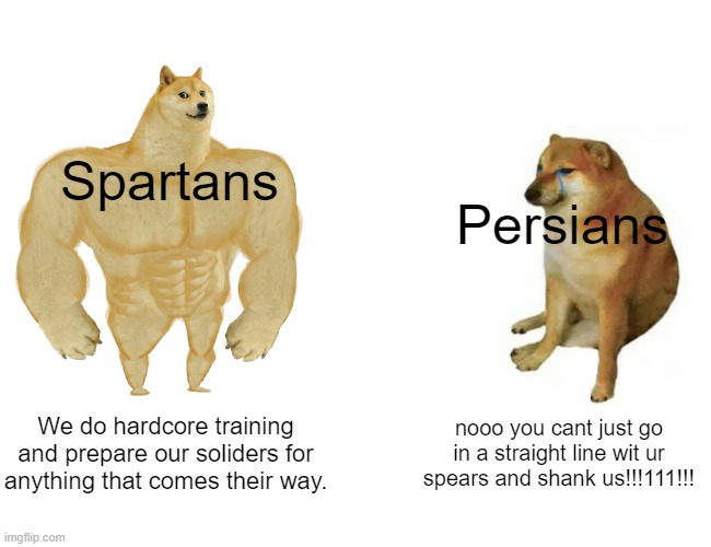 Buff Doge vs. Cheems | Spartans; Persians; We do hardcore training and prepare our soliders for anything that comes their way. nooo you cant just go in a straight line wit ur spears and shank us!!!111!!! | image tagged in memes,buff doge vs cheems | made w/ Imgflip meme maker