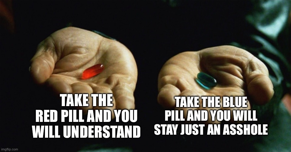 Red pill blue pill | TAKE THE RED PILL AND YOU WILL UNDERSTAND TAKE THE BLUE PILL AND YOU WILL STAY JUST AN ASSHOLE | image tagged in red pill blue pill | made w/ Imgflip meme maker