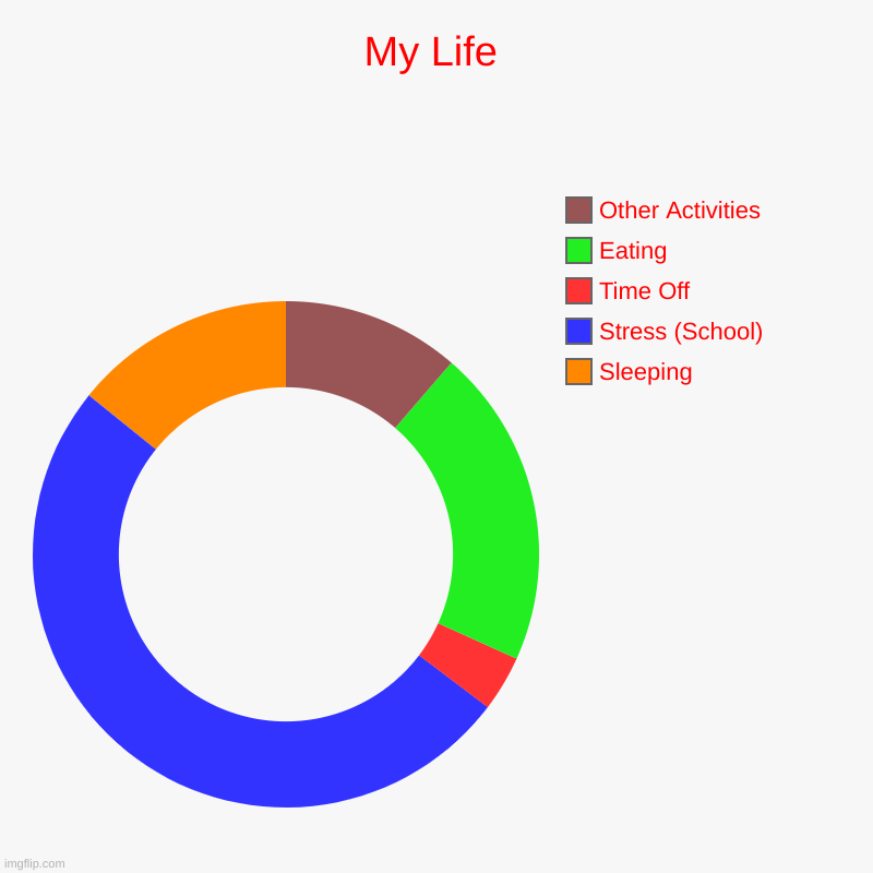 Literally My Life ?‍? | My Life | Sleeping, Stress (School), Time Off, Eating, Other Activities | image tagged in charts,donut charts | made w/ Imgflip chart maker