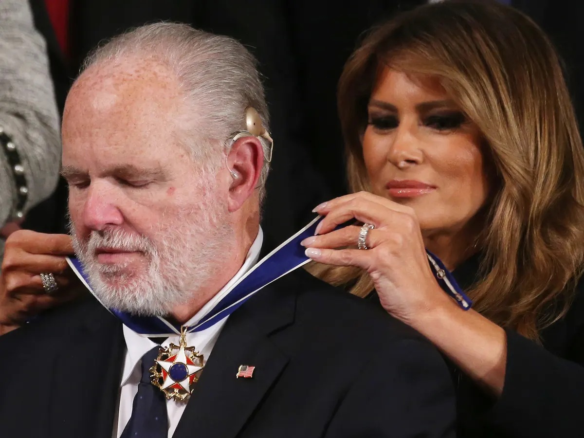 High Quality Melania Trump puts medal on Rush Limbaugh Blank Meme Template
