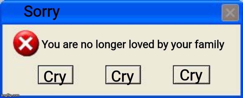 Windows xp error | Sorry; You are no longer loved by your family; Cry; Cry; Cry | image tagged in windows xp error | made w/ Imgflip meme maker