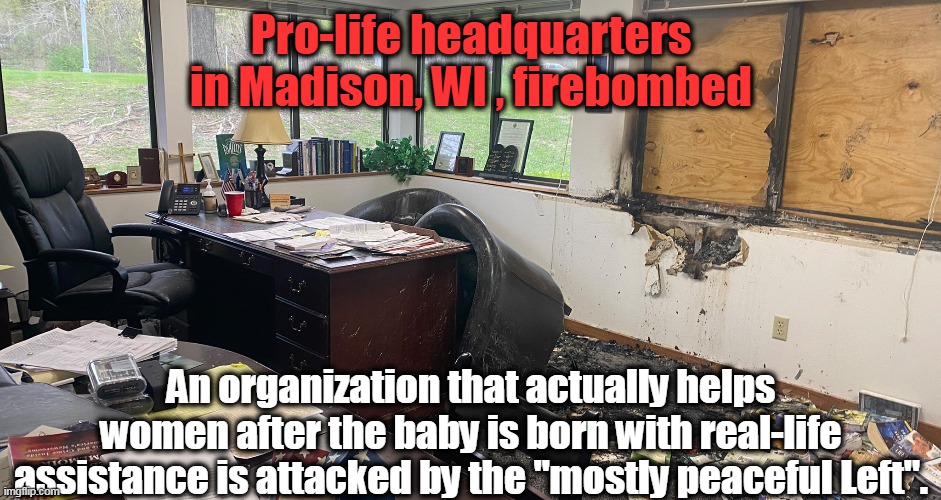 The rabid Left, foaming at the mouth to have the "right" to murder their own babies. | Pro-life headquarters in Madison, WI , firebombed; An organization that actually helps women after the baby is born with real-life assistance is attacked by the "mostly peaceful Left". | image tagged in demonic,evil,abortion is murder,arson,twisted | made w/ Imgflip meme maker