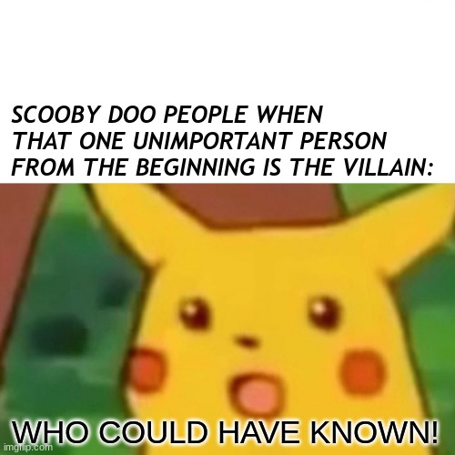 Surprised Pikachu | SCOOBY DOO PEOPLE WHEN THAT ONE UNIMPORTANT PERSON FROM THE BEGINNING IS THE VILLAIN:; WHO COULD HAVE KNOWN! | image tagged in memes,surprised pikachu | made w/ Imgflip meme maker