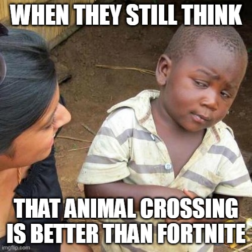Third World Skeptical Kid Meme | WHEN THEY STILL THINK; THAT ANIMAL CROSSING IS BETTER THAN FORTNITE | image tagged in memes,third world skeptical kid | made w/ Imgflip meme maker