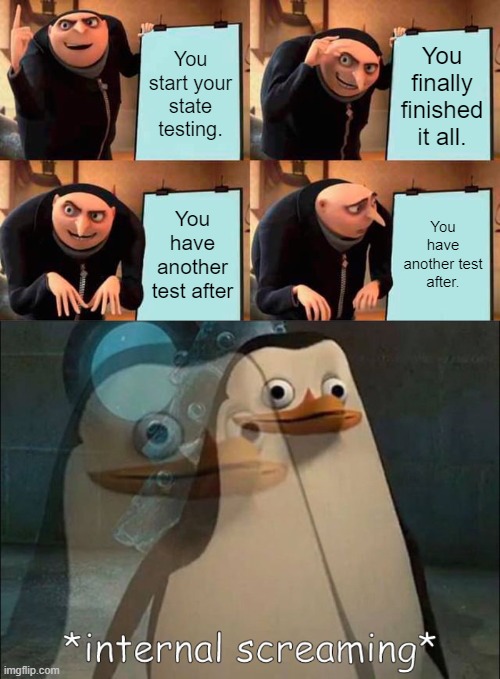 Pain | You start your state testing. You finally finished it all. You have another test after; You have another test after. | image tagged in memes,gru's plan,private internal screaming | made w/ Imgflip meme maker