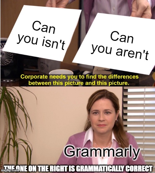 Grammarly be like | Can you isn't; Can you aren't; Grammarly; THE ONE ON THE RIGHT IS GRAMMATICALLY CORRECT | image tagged in memes,they're the same picture | made w/ Imgflip meme maker