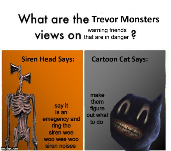 Trevor Monsters Views | warning friends that are in danger; say it is an emegency and ring the siren wee woo wee woo siren noises; make them figure out what to do | image tagged in trevor monsters views | made w/ Imgflip meme maker