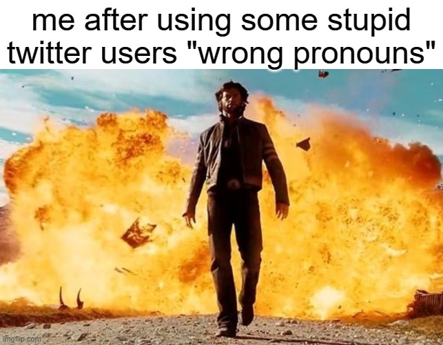 imagine having pronouns | me after using some stupid twitter users "wrong pronouns" | image tagged in guy walking away from explosion,pronouns,twiter,l | made w/ Imgflip meme maker