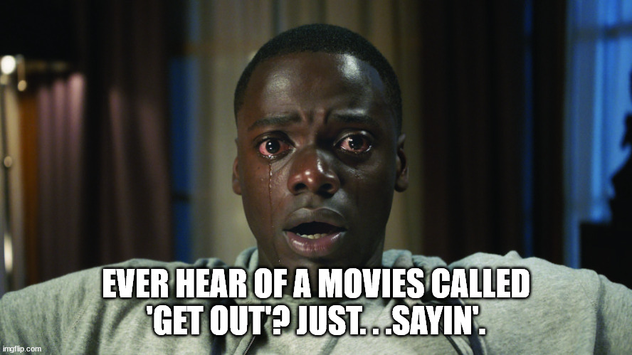 Get Out meme | EVER HEAR OF A MOVIES CALLED 'GET OUT'? JUST. . .SAYIN'. | image tagged in get out meme | made w/ Imgflip meme maker