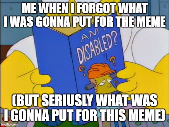 Am i disabled | ME WHEN I FORGOT WHAT I WAS GONNA PUT FOR THE MEME; (BUT SERIUSLY WHAT WAS I GONNA PUT FOR THIS MEME) | image tagged in am i disabled | made w/ Imgflip meme maker