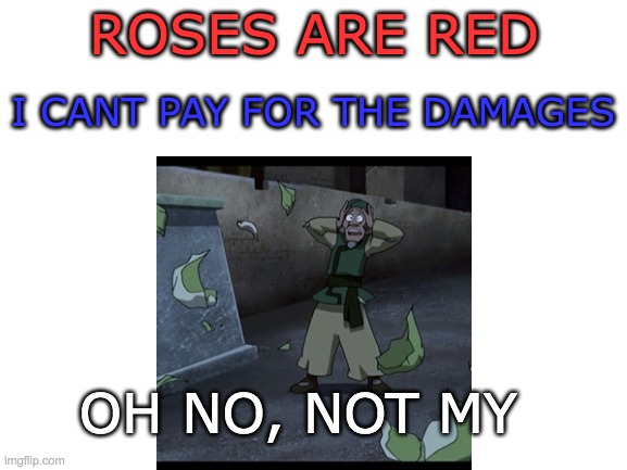 [insert clever and funny title that people would laugh at her] | ROSES ARE RED; I CANT PAY FOR THE DAMAGES; OH NO, NOT MY | image tagged in blank white template | made w/ Imgflip meme maker