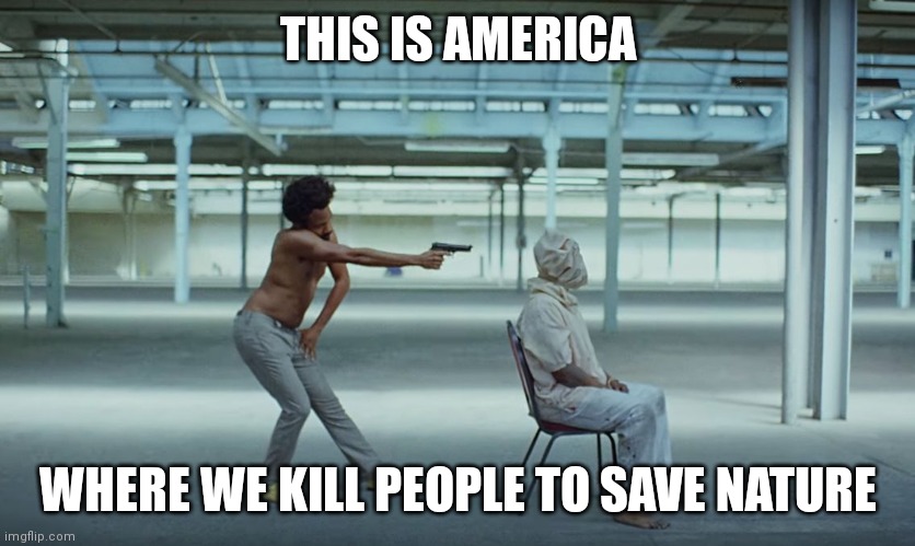 This is America | THIS IS AMERICA WHERE WE KILL PEOPLE TO SAVE NATURE | image tagged in this is america | made w/ Imgflip meme maker