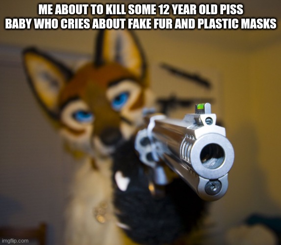 Furry with gun | ME ABOUT TO KILL SOME 12 YEAR OLD PISS BABY WHO CRIES ABOUT FAKE FUR AND PLASTIC MASKS | image tagged in furry with gun | made w/ Imgflip meme maker