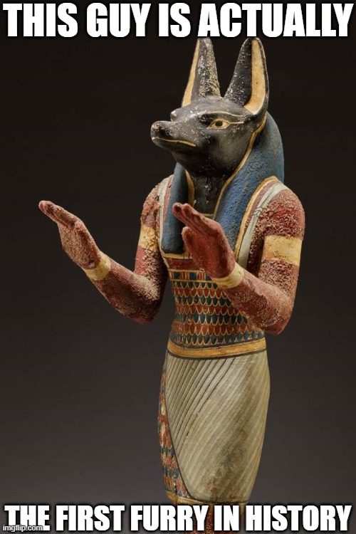 Anubis is actually the first furry in history |  THIS GUY IS ACTUALLY; THE FIRST FURRY IN HISTORY | image tagged in anubis calm down,anubis,furry | made w/ Imgflip meme maker