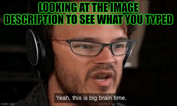Big Brain Time | LOOKING AT THE IMAGE DESCRIPTION TO SEE WHAT YOU TYPED | image tagged in big brain time | made w/ Imgflip meme maker