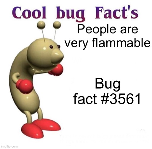Don’t ask how I figured that out | People are very flammable; Bug fact #3561 | image tagged in cool bug facts | made w/ Imgflip meme maker