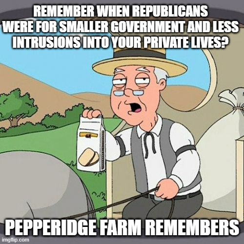 Pepperidge Farm Remembers | REMEMBER WHEN REPUBLICANS WERE FOR SMALLER GOVERNMENT AND LESS INTRUSIONS INTO YOUR PRIVATE LIVES? PEPPERIDGE FARM REMEMBERS | image tagged in memes,pepperidge farm remembers | made w/ Imgflip meme maker