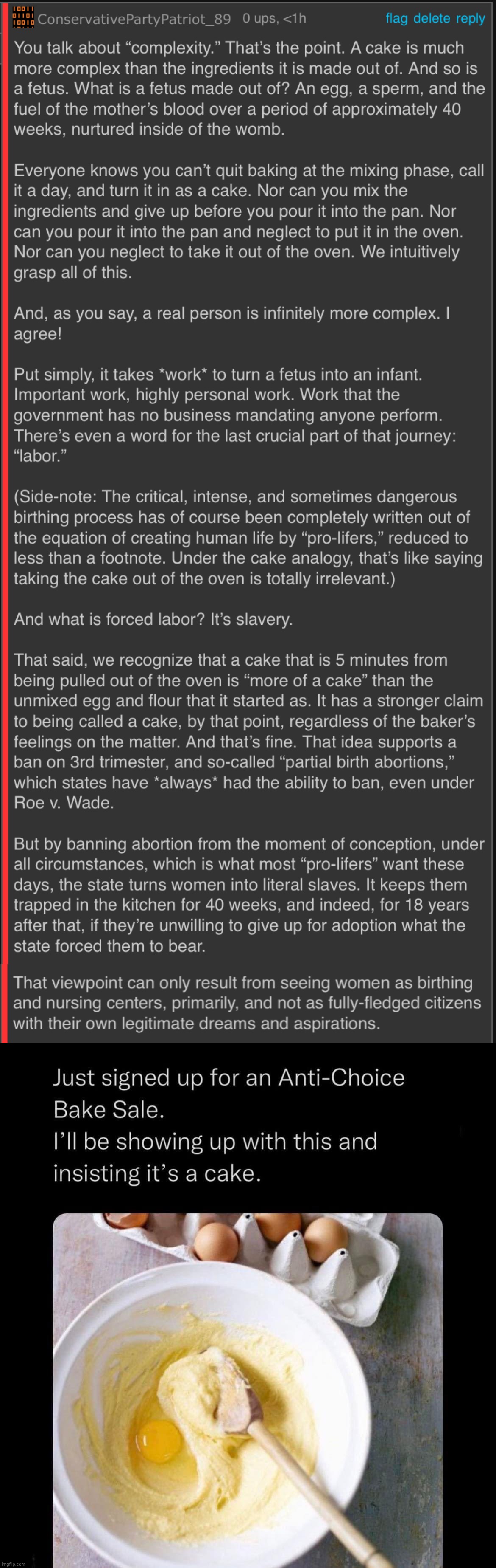 The cake analogy in the abortion debate. | image tagged in anti-choice bake sale,abortion,pro-choice,philosophy,politics,women rights | made w/ Imgflip meme maker