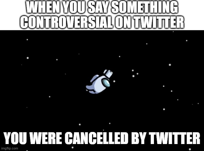 cancelled | WHEN YOU SAY SOMETHING CONTROVERSIAL ON TWITTER; YOU WERE CANCELLED BY TWITTER | image tagged in among us ejected,cancelled,cancel culture,controversial,controversy,twitter | made w/ Imgflip meme maker