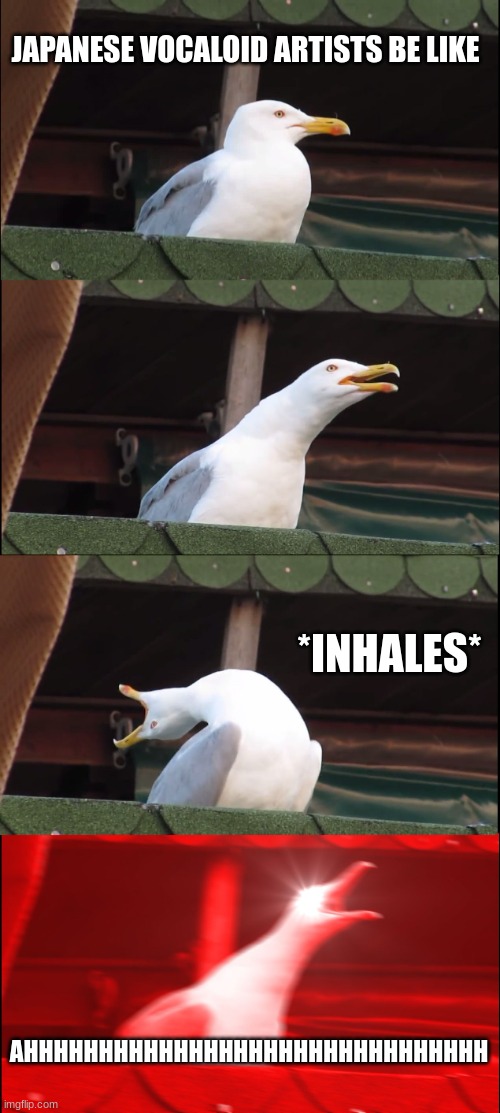 Inhaling Seagull | JAPANESE VOCALOID ARTISTS BE LIKE; *INHALES*; AHHHHHHHHHHHHHHHHHHHHHHHHHHHHHHH | image tagged in memes,inhaling seagull | made w/ Imgflip meme maker
